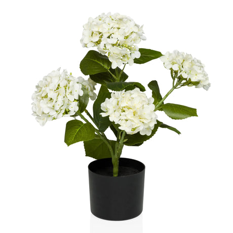 Kunstpflanze HYDRANGEA mit weißen Blüten, grünen Blättern und schwarzem Übertopf von hjh OFFICE