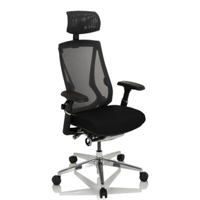 High-End-Bürostuhl INSPERO in Schwarz mit Netzrückenlehne, Kopfstütze und Fußkreuz aus Chrom von hjh OFFICE