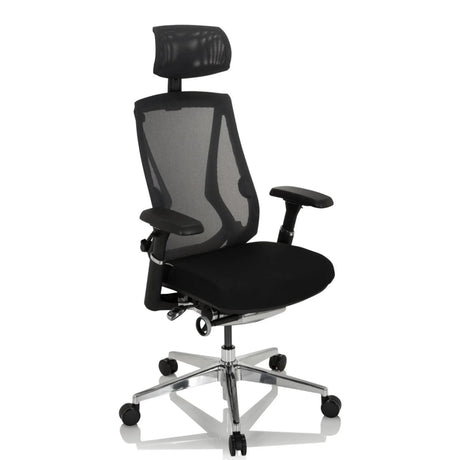 High-End-Bürostuhl INSPERO in Schwarz mit Netzrückenlehne, Kopfstütze und Fußkreuz aus Chrom von hjh OFFICE