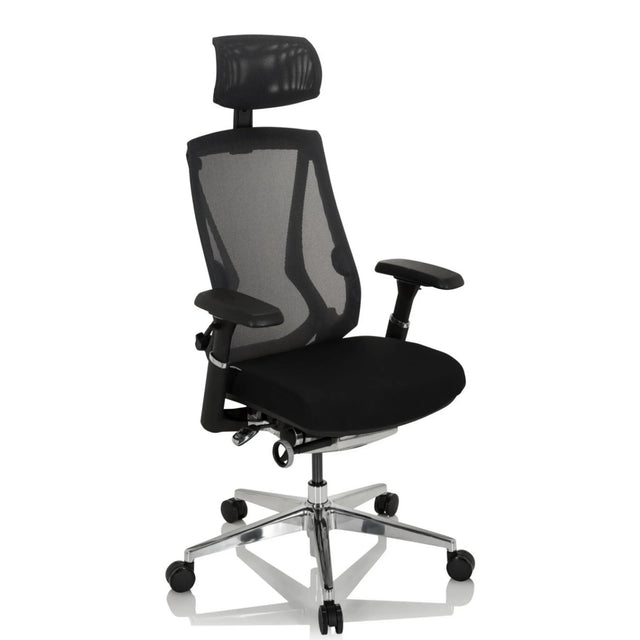 High-End-Bürostuhl INSPERO in Schwarz mit Netzrückenlehne, Kopfstütze und Fußkreuz aus Chrom von hjh OFFICE
