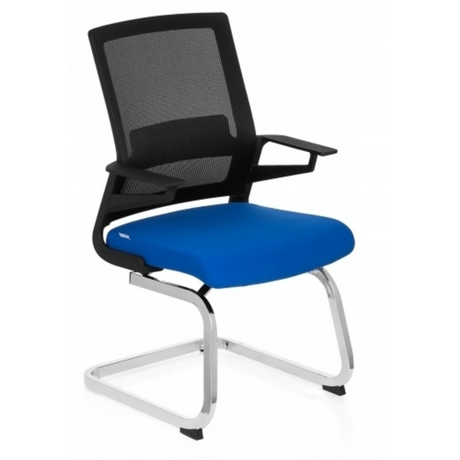 Freischwinger INVENTOR V mit blauem Sitzbezug, schwarzer Netzlehne und verchromtem Gestell von hjh OFFICE