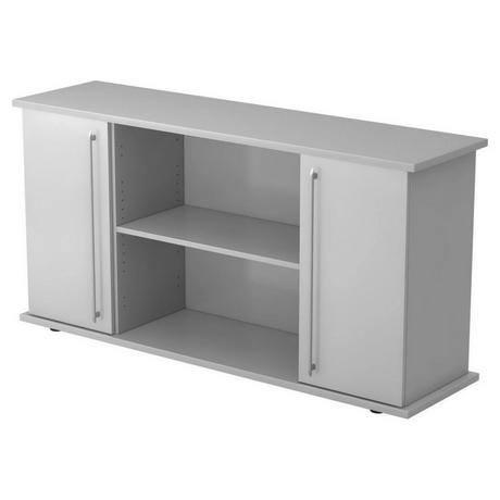 Graues Sideboard KAPA SB mit zwei Türen, Relinggriffen und offenen Regalfächern von hjh OFFICE PRO