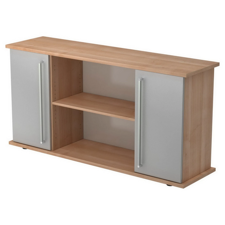 Sideboard KAPA SB in Nussbaum-Optik mit zwei silbernen Metalltüren und Chromgriffen von hjh OFFICE PRO