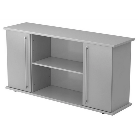 Graues Sideboard KAPA SB mit zwei Türen, Relinggriffen und offenen Regalfächern von hjh OFFICE PRO