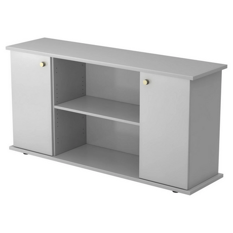 Graues Sideboard KAPA SB mit zwei Türen, goldenen Knäufen und offenen Regalfächern von hjh OFFICE PRO