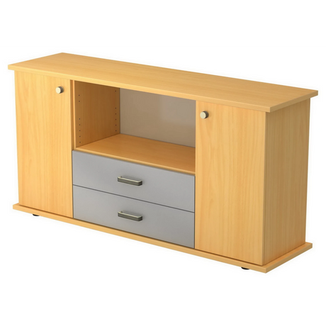 Sideboard KAPA SB in Buche-Optik mit zwei Türen, einem offenen Fach und zwei grauen Schubladen von hjh OFFICE PRO