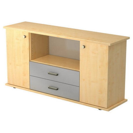 Sideboard KAPA SB in Ahorn-Optik mit zwei Türen, offenem Fach und zwei grauen Schubladen von hjh OFFICE PRO