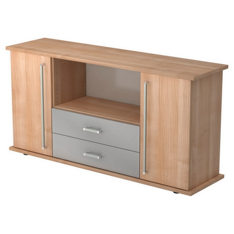 Sideboard KAPA SB in Nussbaumoptik mit zwei Türen, zwei grauen Schubladen und Chromgriffen von hjh OFFICE PRO