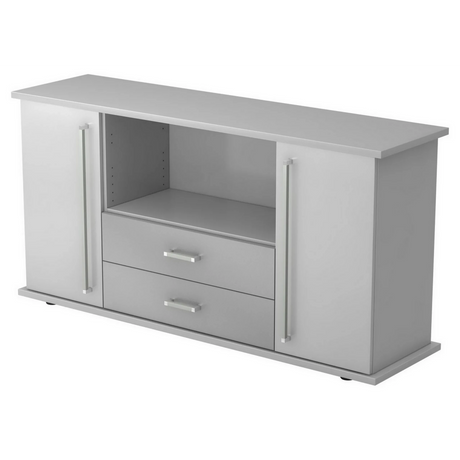 Graues Sideboard KAPA SB mit zwei Türen, zwei Schubladen und Chromgriffen von hjh OFFICE PRO