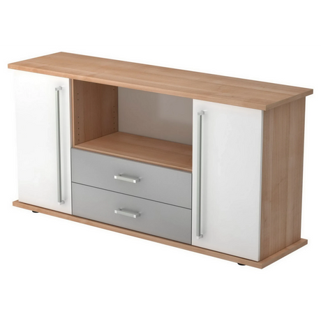 Sideboard KAPA SB in Nussbaum- und Weiß-Optik mit zwei Schubladen und Chromgriffen von hjh OFFICE PRO