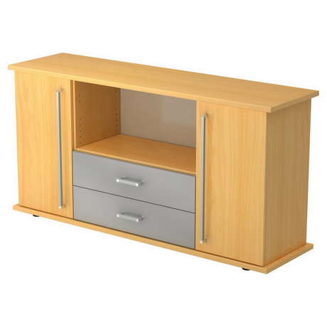 Sideboard KAPA SB in Buche-Optik mit zwei Türen, zwei grauen Schubladen und Chromgriffen von hjh OFFICE PRO