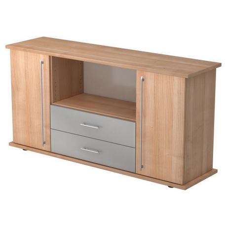 Sideboard KAPA SB in Holzoptik mit zwei Türen, zwei grauen Schubladen und Relinggriffen von hjh OFFICE PRO