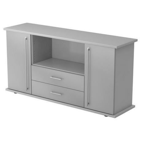 Graues Sideboard KAPA SB mit Türen, zwei Schubladen und silbernen Relinggriffen von hjh OFFICE PRO