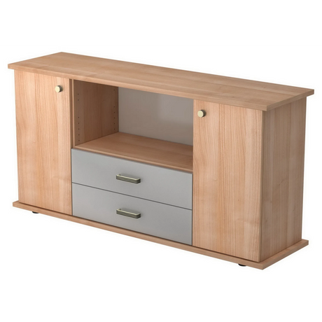 Sideboard KAPA SB in Nussbaum-Optik mit grauen Schubladen und zwei Türen von hjh OFFICE PRO