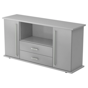 Graues Sideboard KAPA SB mit zwei Türen, zwei Schubladen und silbernen Griffen von hjh OFFICE PRO