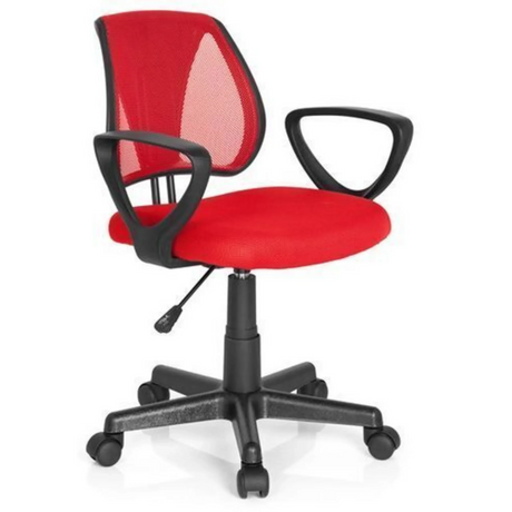Roter Kinderdrehstuhl KIDDY CD mit Netzrückenlehne, schwarzen Armlehnen und Rollen von hjh OFFICE