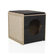 Katzenhaus KITTY PAWBOX 2 in Schwarz und Eiche mit kreisförmiger Öffnung und Polsterauflage von hjh LIVING