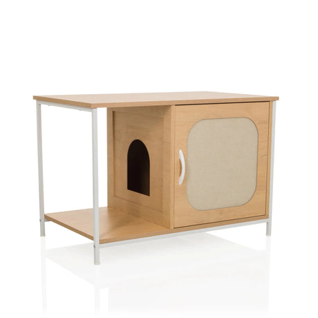 Katzenhaus KITTYHOME 1 in Buche-Optik mit weißem Metallgestell und integriertem Schlafplatz von hjh LIVING