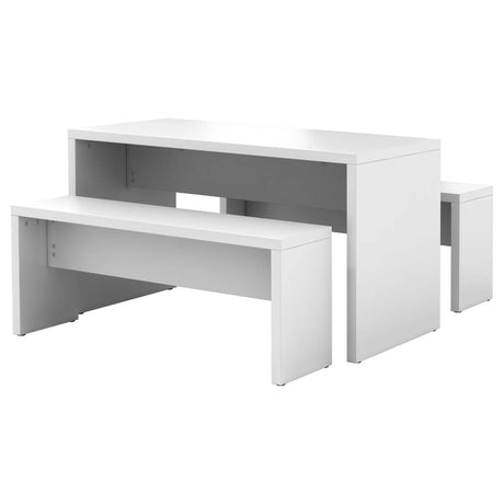 Weißer Konferenztisch MEETING MPSET1 mit zwei passenden Bänken in schlichtem Design von hjh OFFICE PRO