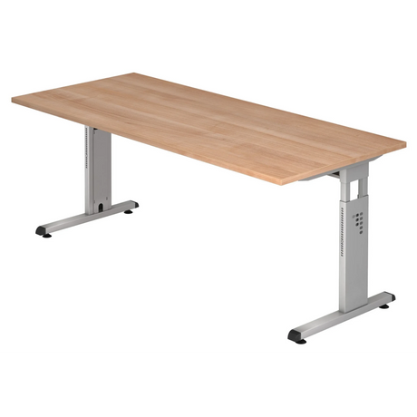 Höhenverstellbarer Schreibtisch MEGA 19 S mit Tischplatte in Nussbaum-Optik und silbernem Gestell von hjh OFFICE PRO