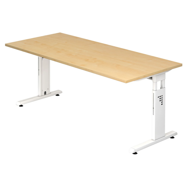 Höhenverstellbarer Schreibtisch MEGA 19 W mit Tischplatte in Ahorn und weißem Gestell von hjh OFFICE PRO