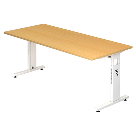 Höhenverstellbarer Schreibtisch MEGA 19 W mit buchenfarbener Tischplatte und weißem Gestell von hjh OFFICE PRO