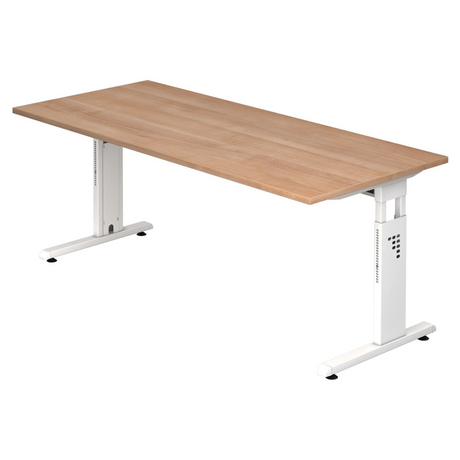 Höhenverstellbarer Schreibtisch MEGA 19 W mit Nussbaum-Tischplatte und weißem Gestell von hjh OFFICE PRO