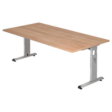 Höhenverstellbarer Schreibtisch MEGA 2E S in Nussbaum-Optik mit silbernem Untergestell von hjh OFFICE PRO
