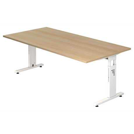 Höhenverstellbarer Schreibtisch MEGA 2E W in Eiche-Optik mit weißem Untergestell von hjh OFFICE PRO
