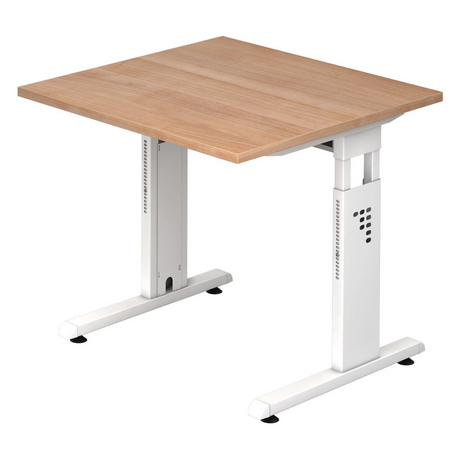 Höhenverstellbarer Schreibtisch MEGA 8 W mit Nussbaum-Platte und weißem Gestell von hjh OFFICE PRO