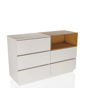 Weißes Sideboard MELMO S mit eichenfarbenem offenem Regalfach und Schubladen von hjh LIVING