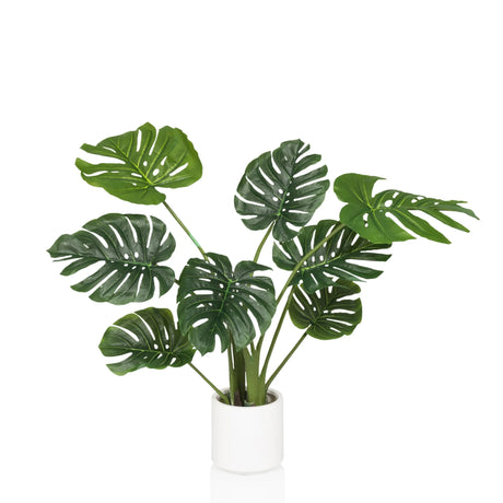 Grüne Kunstpflanze MONSTERA I mit großen Blättern in einem schlichten weißen Übertopf von hjh OFFICE