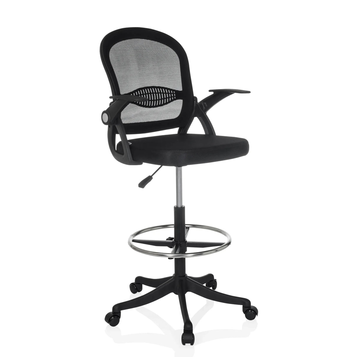 Schwarzer Counterstuhl Naluro Work mit Netzrückenlehne, Fußring und Rollen von hjh OFFICE