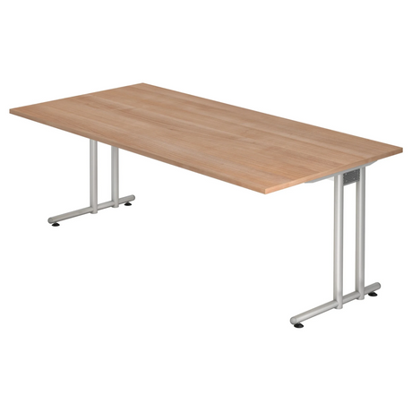 Schreibtisch NANO 2E S mit Tischplatte in Nussbaum-Optik und silbernen Metallbeinen von hjh OFFICE PRO