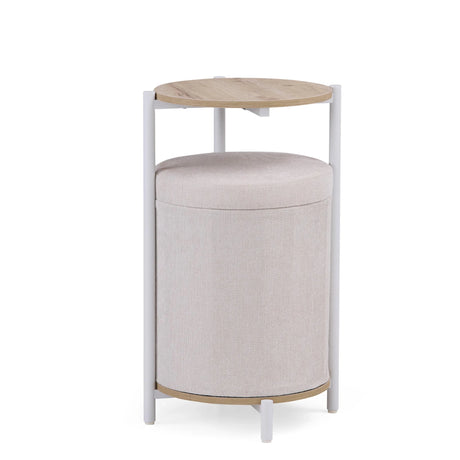 Beistelltisch Nestup 1 in Weiß und Eiche mit integriertem beige stoffbezogenem Hocker von hjh LIVING