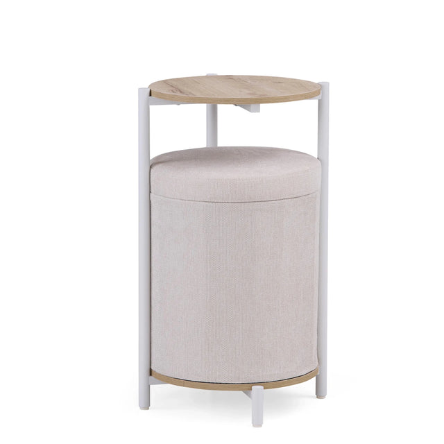 Beistelltisch Nestup 1 in Weiß und Eiche mit integriertem beige stoffbezogenem Hocker von hjh LIVING