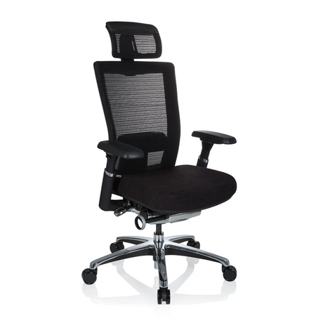 High-End-Bürostuhl NOVA PRO I in Schwarz mit Netzrückenlehne, Kopfstütze und glänzendem Fußkreuz von hjh OFFICE
