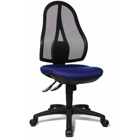 Homeoffice-Bürostuhl Open Point SY mit blauem Sitzpolster und schwarzem Netzrücken von Topstar