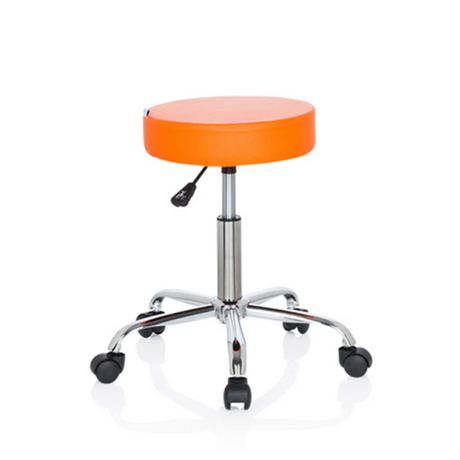 Oranger Drehhocker OPERATOR II mit glänzendem Chromgestell und fünf Doppelrollen von hjh OFFICE