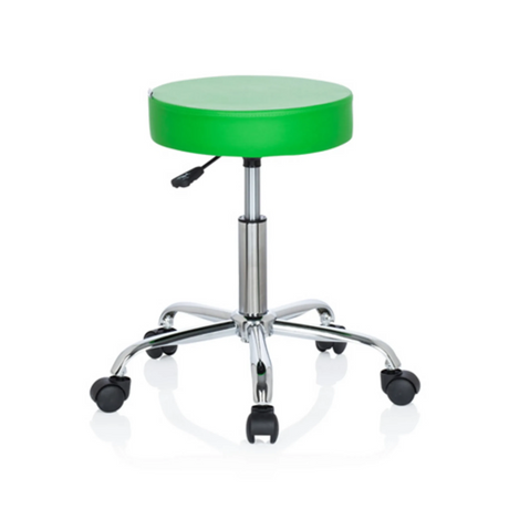 Grüner Drehhocker OPERATOR II mit glänzendem Metallgestell und fünf Rollen von hjh OFFICE