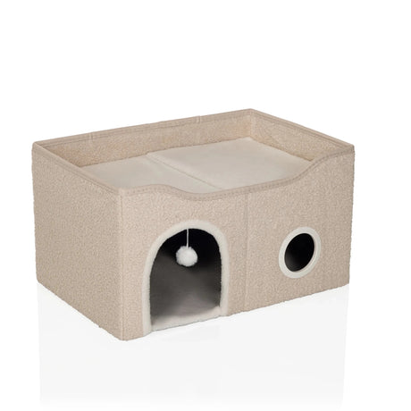 Beige Katzenhöhle PAWY EB mit weichem Plüschbezug, Spielball und seitlicher Öffnung von hjh LIVING