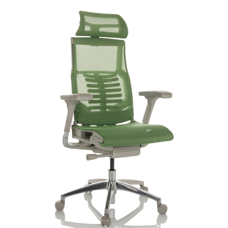 High-End-Bürostuhl POFIT G GEN2 mit grünem Netzbezug, Kopfstütze und silbernem Fußkreuz von hjh OFFICE