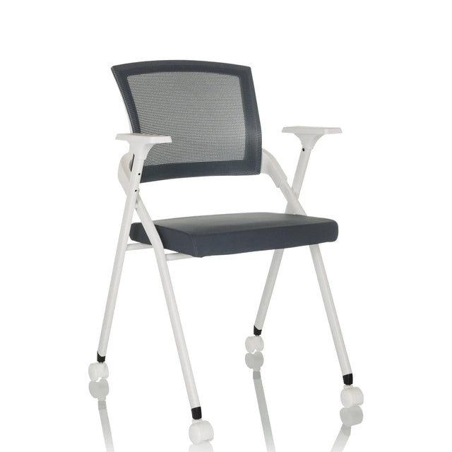 Grauer Klappstuhl PRIORITY II W mit Netzrückenlehne, Armlehnen und weißen Rollen von hjh OFFICE