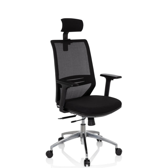 Profi-Bürostuhl PROFONDO PRO in Schwarz mit Netzrückenlehne, Kopfstütze und silbernem Fußkreuz von hjh OFFICE