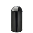 Schwarzer Mülleimer PUSH 35L mit glänzender Oberfläche und silbernem Druckdeckel von hjh OFFICE