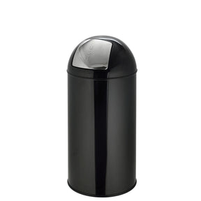 Schwarzer Mülleimer PUSH 35L mit glänzender Oberfläche und silbernem Druckdeckel von hjh OFFICE