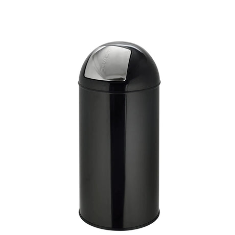 Schwarzer Mülleimer PUSH 35L mit glänzender Oberfläche und silbernem Druckdeckel von hjh OFFICE