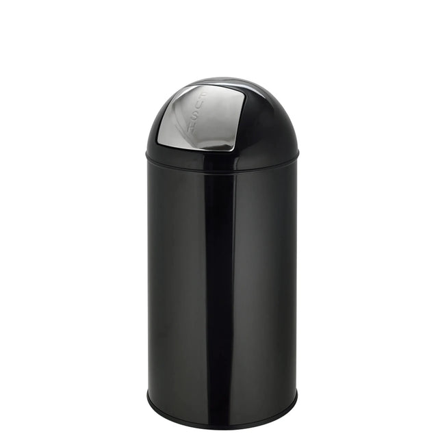 Schwarzer Mülleimer PUSH 35L mit glänzender Oberfläche und silbernem Druckdeckel von hjh OFFICE