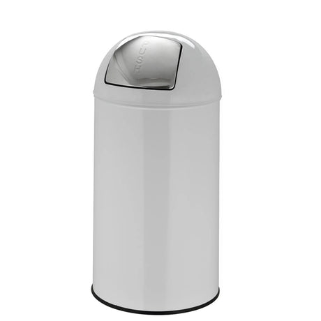 Weißer Mülleimer PUSH 50L mit glänzender Oberfläche und silberfarbenem Push-Deckel von hjh OFFICE