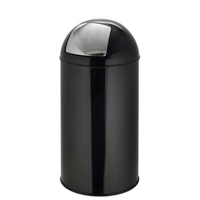 Schwarzer Mülleimer PUSH 50L mit glänzender Oberfläche und silbernem Druckdeckel von hjh OFFICE